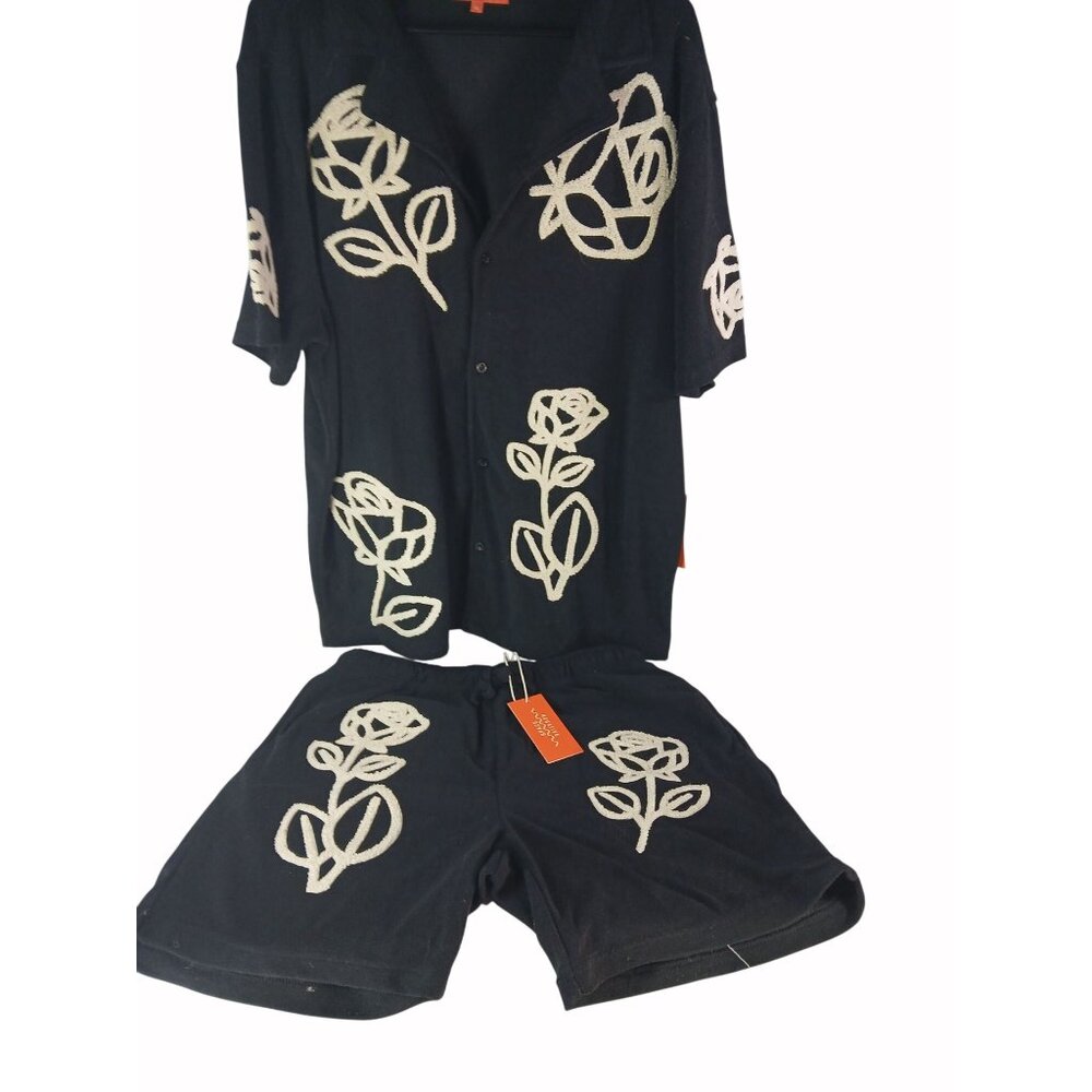 Negative Space Black Chenille Embroider Floral Shirt & Shorts Set Size L XL